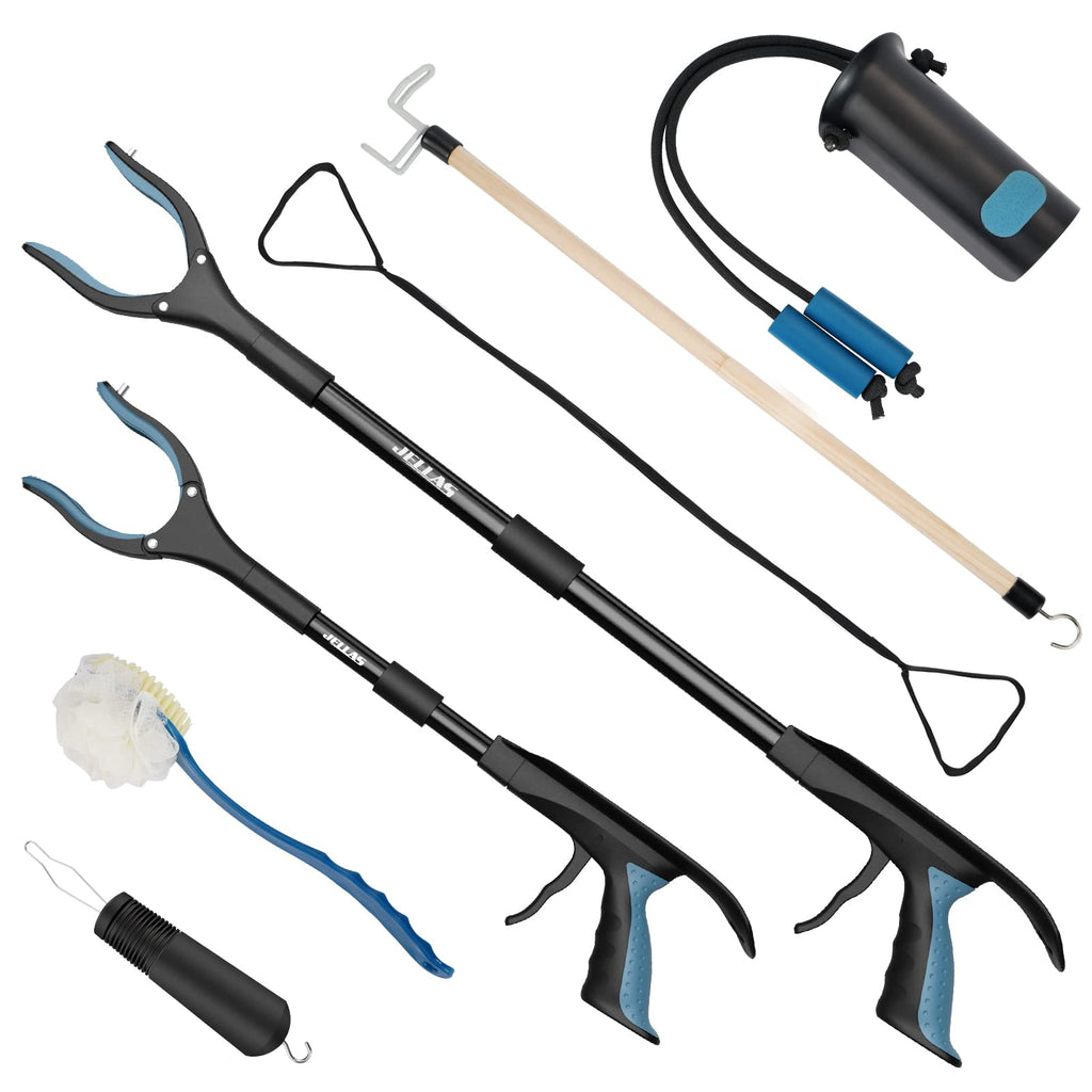 7-Piece Hip Replacement Recovery Kit 2 Pcs Foldable Grabbers (32" & 23") with Shoehorn Sock Aid Device Dressing Aids Stick for Elderly Button Hook Leg Lifter Long Handled Bath Sponge