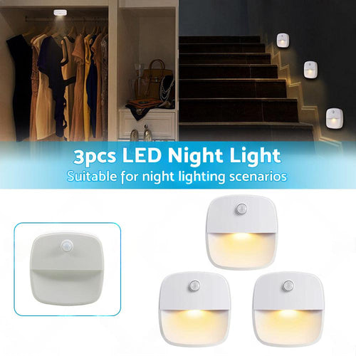 3 PCS Cordless Battery-Powered LED Night Light Motion Sensor Light Warm White