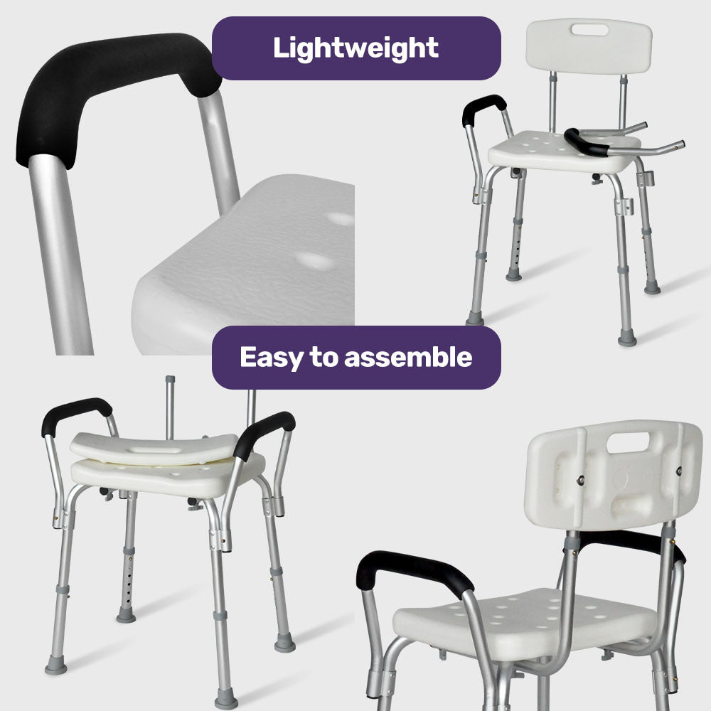 NNEMB Shower Chair Bath Seat 120kg Capacity-with Arms-Adjustable Height-for Elderly-White