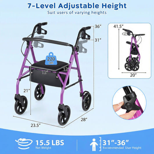 Rollator Walker with Seat and Height Adjustable Handles-Purple