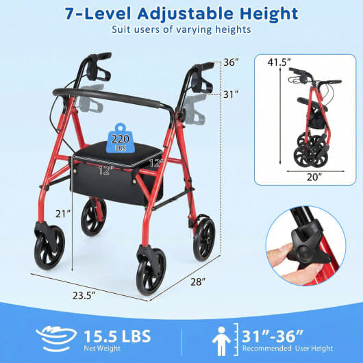Rollator Walker with Seat and Height Adjustable Handles-Purple