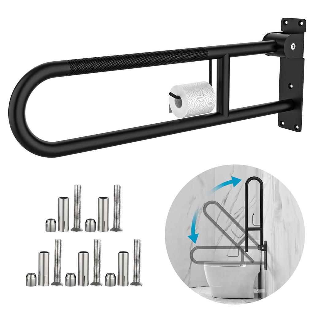 Toilet Grab Bar 30.3 Inch Black Munzong Anti-Slip Handicap Grab Bars with Paper Holder Flip-Up Bathroom Safety Rails Stainless Steel Knurled Support handrails for Seniors Elderly Disabled Pregnant