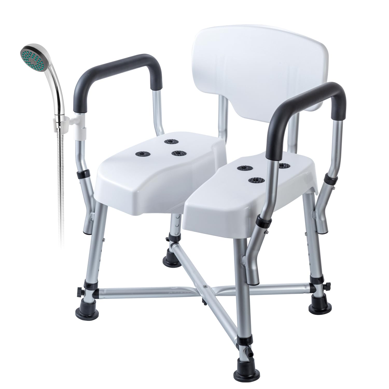 MyGift Professional Grade Adjustable Hygienic Bathroom Shower and Tub Chair with Cutout Cushion Seat Back and Padded Assist Grip Arm Rests Safety Bathing Aid with Showerhead Holder 400 LB Capacity
