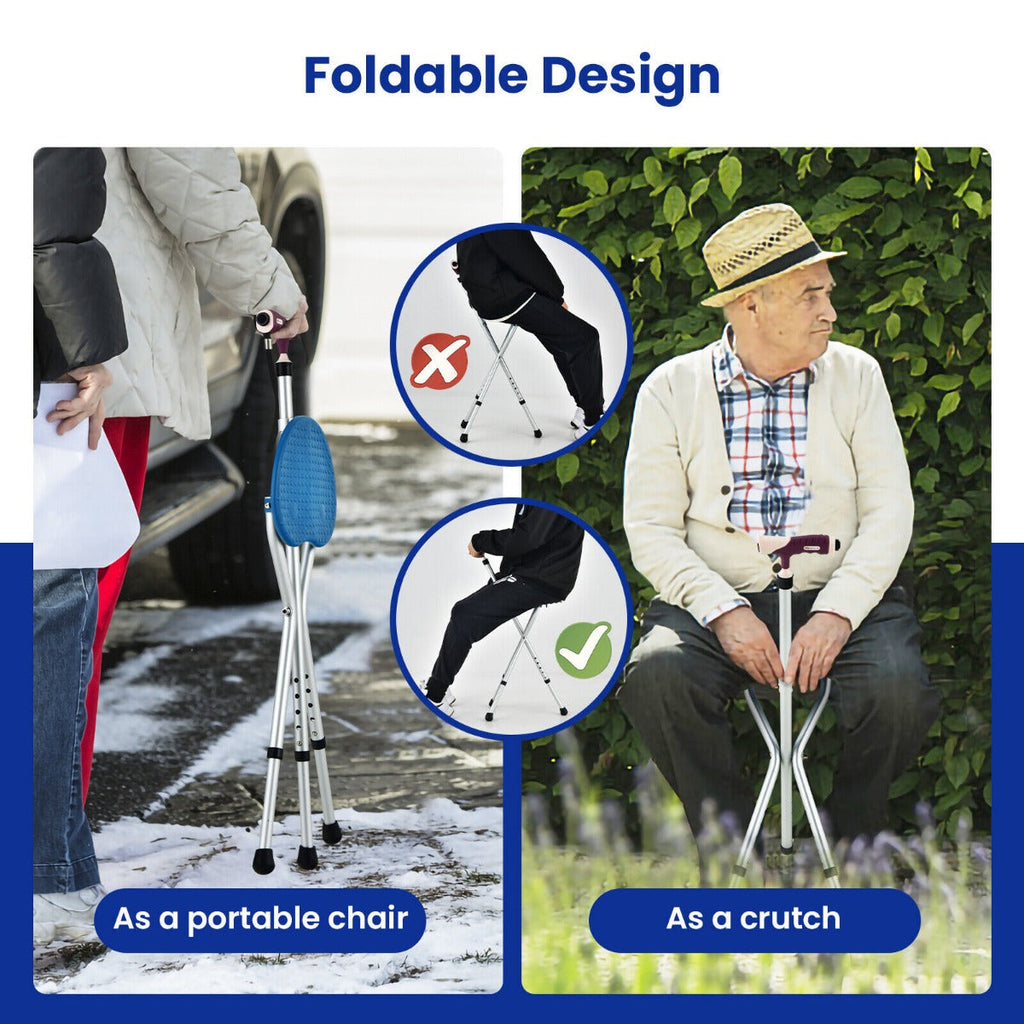 NNECW Height Adjustable Folding Massage Cane Seat Walking Stick with LED Light-Blue