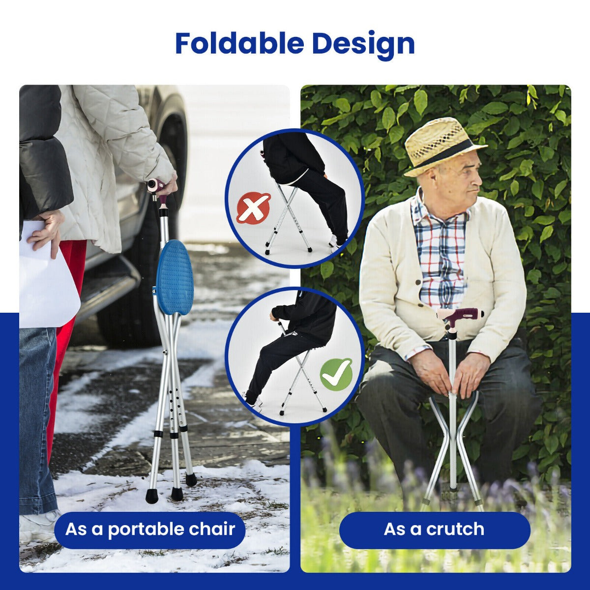 NNECW Height Adjustable Folding Massage Cane Seat Walking Stick with LED Light-Blue