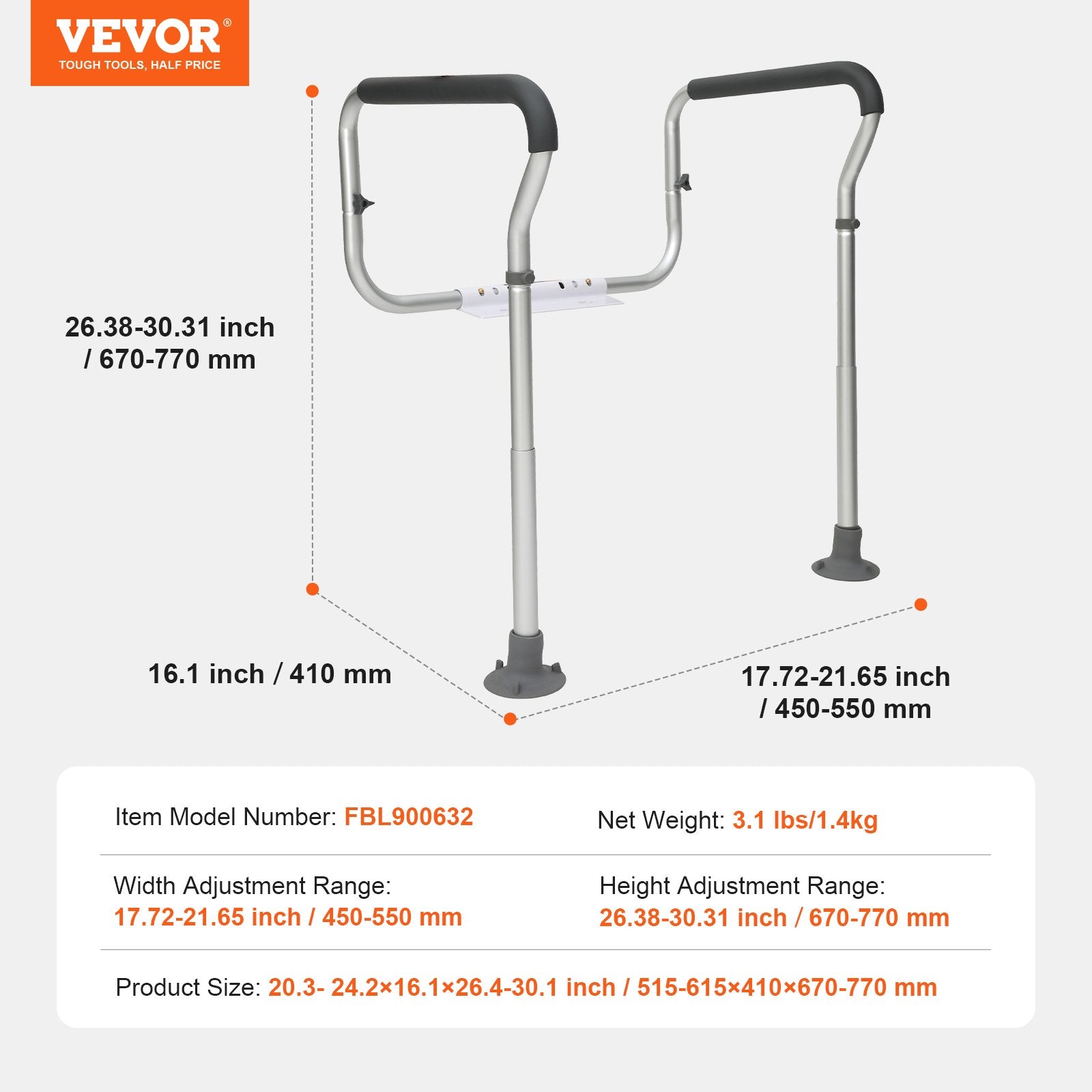 Toilet Safety Rail, Bathroom Toilet Seat Frame, Adjustable Width &